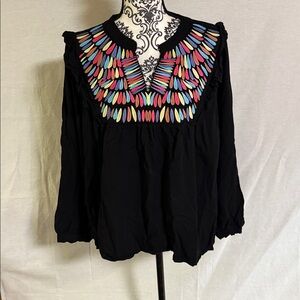 JODIFL Boho Chic V-Neck Embroidered Colorful Peasant Black Blouse Fun Modern 1X